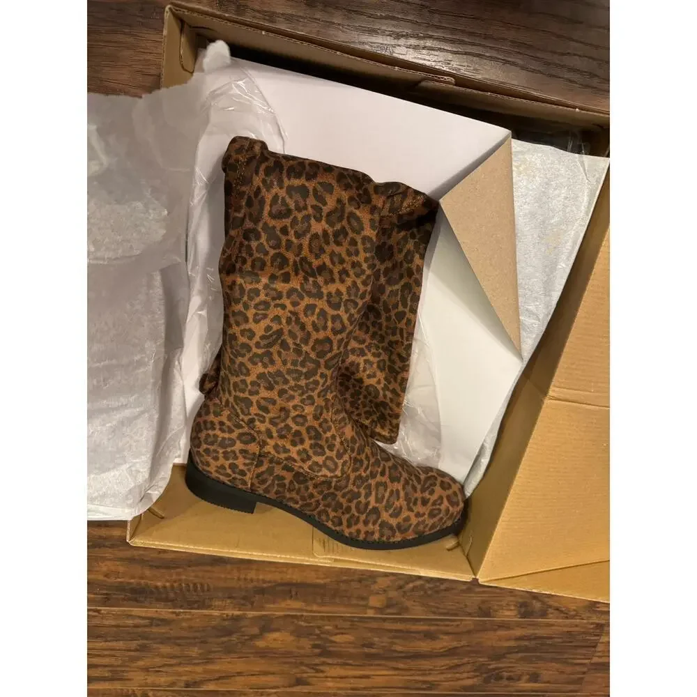 JF JustFab Boots Womens Reena Over the Knee Riding Leopard Brown Fabric Zip Sz:8